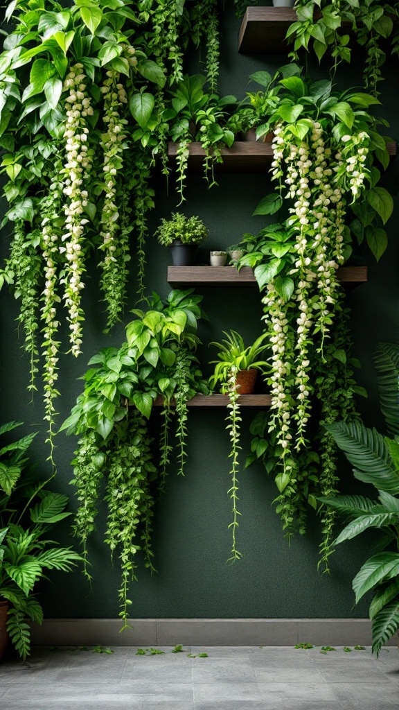 A lush vertical garden featuring hanging plants and greenery on shelves