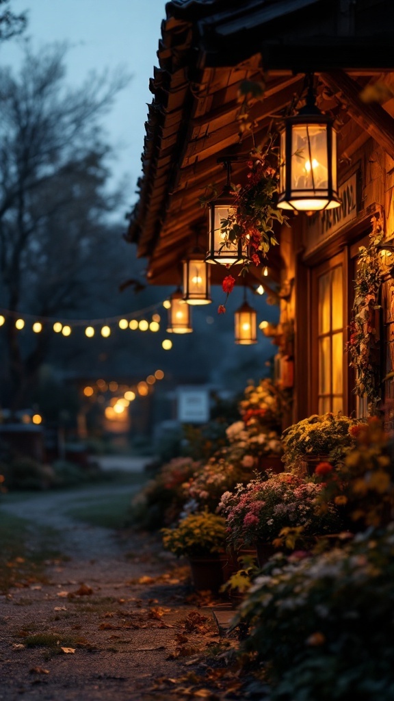 A cozy farmstand lit by hanging lanterns and string lights in the evening.