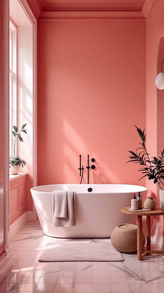 A chic wet room bathroom featuring a white tub against coral walls, complemented by plants and natural decor.