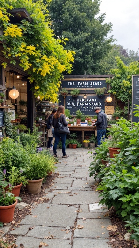 A cozy farmstand with herb and vegetable planting stations, showcasing potted plants and a welcoming atmosphere.