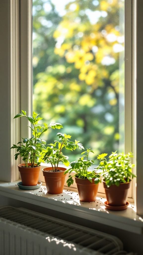 A sunny windowsill with small potted herbs growing in terracotta pots.