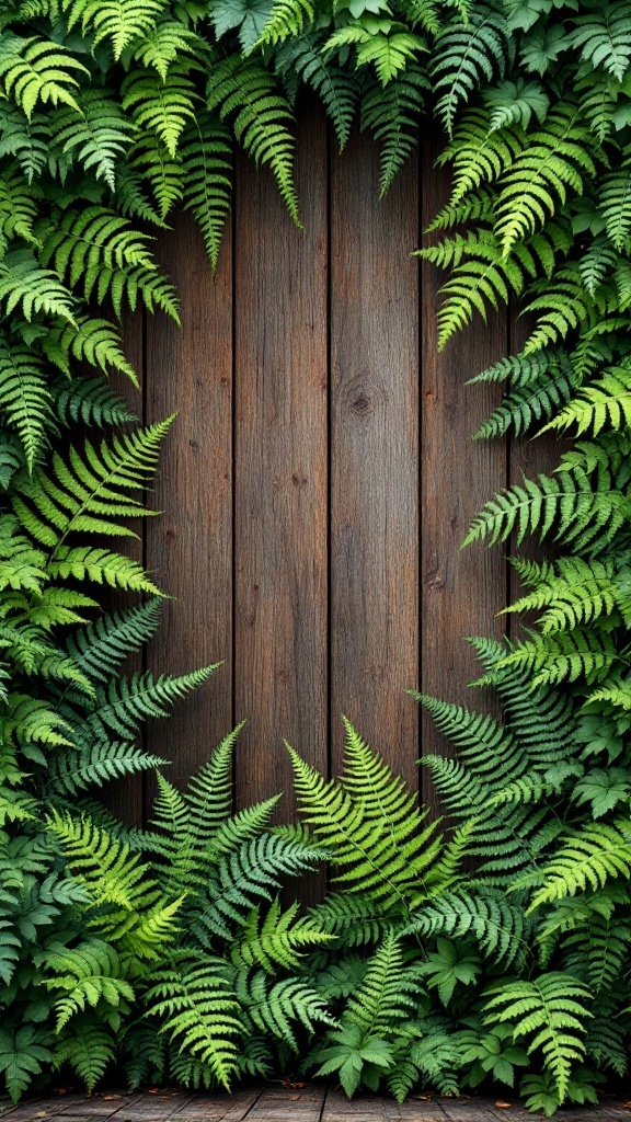 A lush arrangement of ferns framing a wooden backdrop.