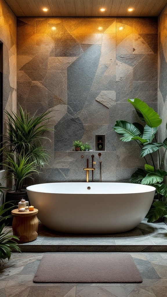 A stylish wet room bathroom featuring a freestanding tub, stone walls, and lush greenery.