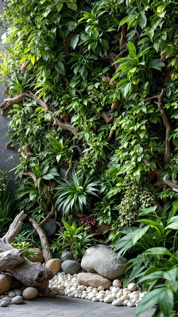 A lush plant wall featuring various greenery, ferns, and decorative stones.