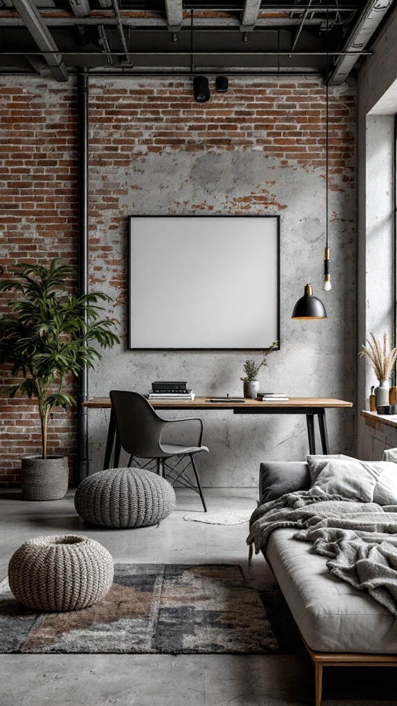 A stylish industrial chic loft featuring exposed brick walls, a cozy bed, and modern furniture.