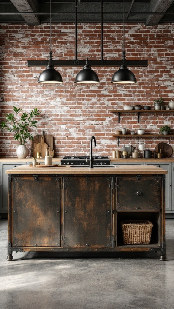 Industrial chic kitchen with exposed brick, metal accents, and a rustic island.