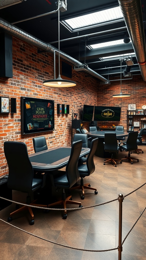 A modern industrial gaming room featuring brick walls, computer stations, and bean bags.