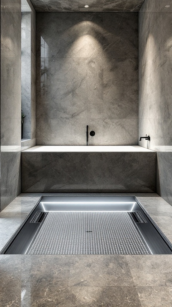 Modern wet room bathroom featuring a stylish tub and innovative drainage system.