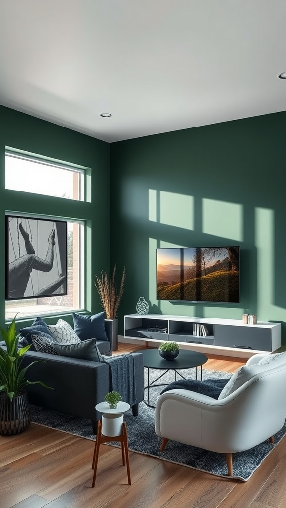 A stylish living room featuring dark green walls, modern furniture, and large windows.