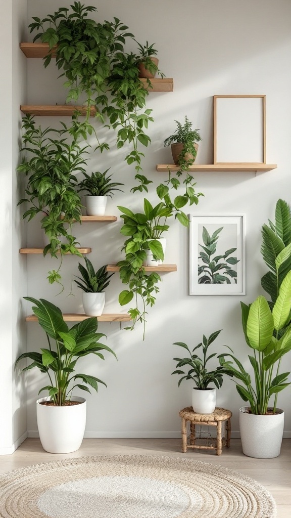 A stylish plant wall with ferns and decorative elements.