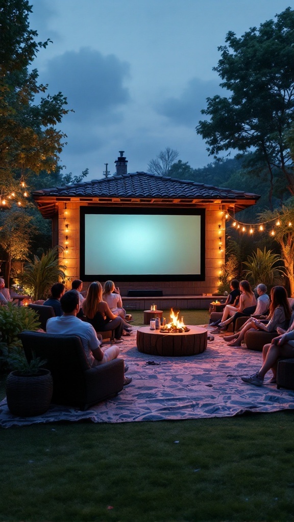 Backyard cinema setup with a screen, seating, and a fire pit at night.