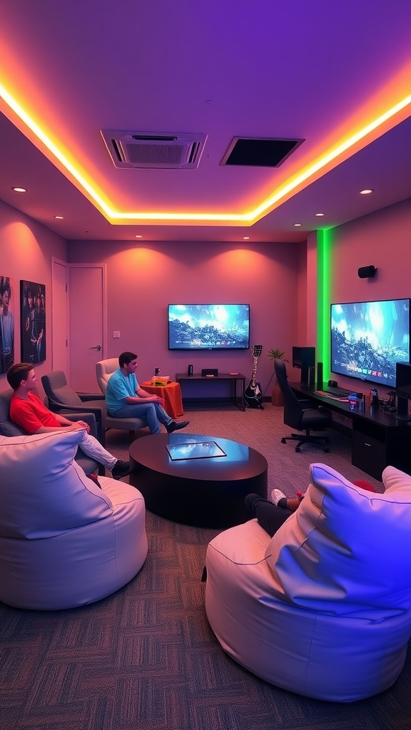 Cozy teenage boys gaming room with bean bags and a large screen