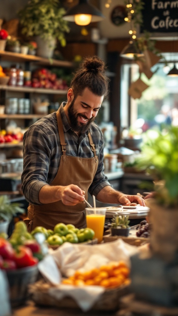 A smiling man at a farmstand preparing a tasting station with fresh fruits and beverages