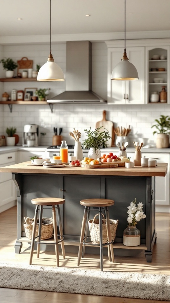 A cozy kitchen island setup with snacks and stools, perfect for family gatherings.