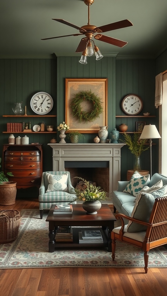 Charming farmhouse living room with deep green walls, wooden furniture, and cozy decor.