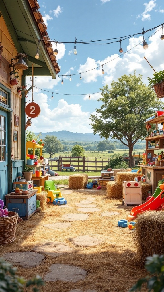 A vibrant kid-friendly play area with toys and straw bales for seating at a farmstand.