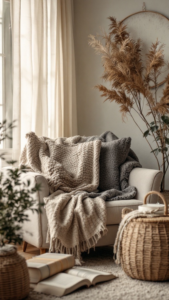 A cozy living room corner with knitted throws on a light-colored sofa, surrounded by books and natural decor.