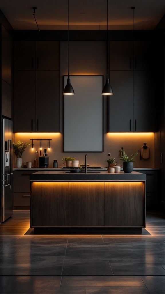 A modern kitchen with layered lighting on the island and cabinets.