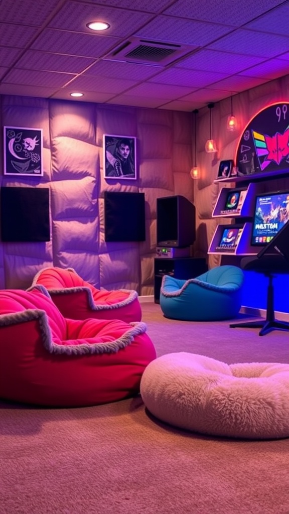 A cozy teenage boys gaming room featuring colorful bean bags and warm lighting.