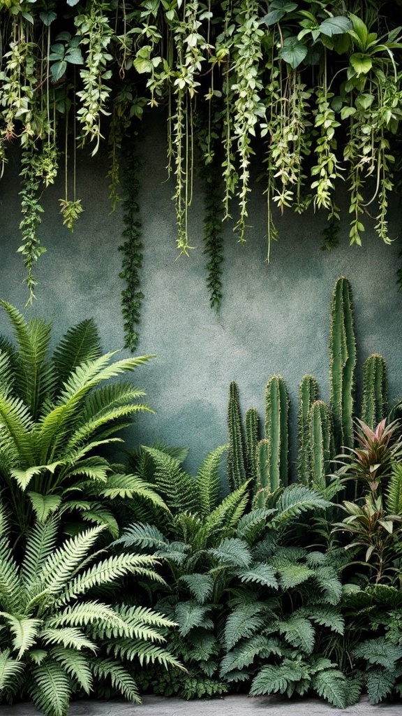 A lush plant wall featuring layered ferns, cacti, and hanging greenery against a textured background.