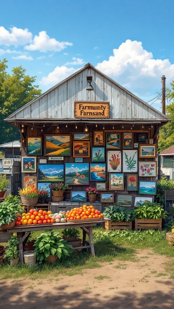 Farmstand displaying local art alongside fresh produce.