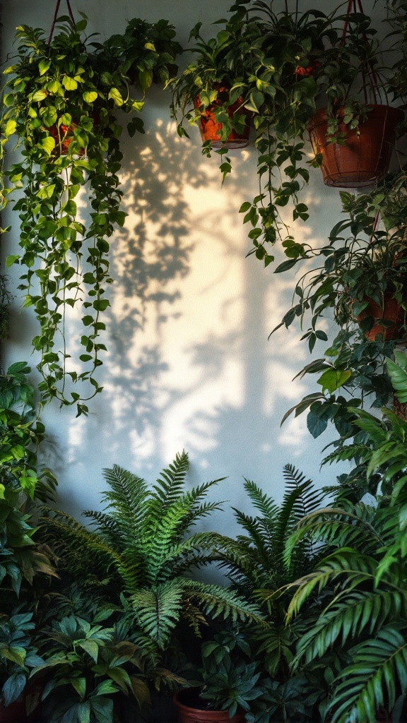 A wall adorned with hanging plants and ferns in pots, creating a lush green atmosphere.