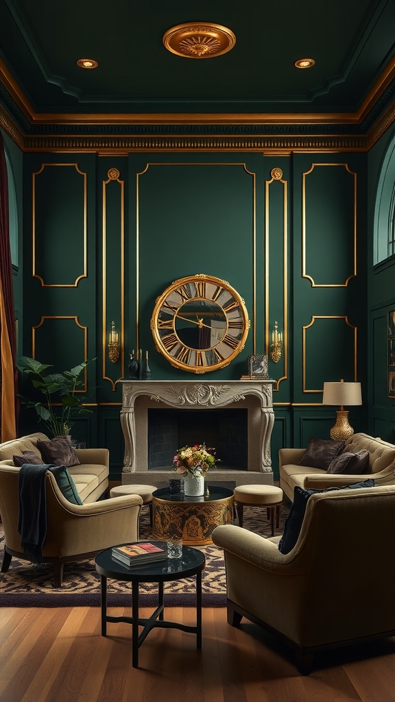 Luxurious living room featuring dark green walls with Art Deco design elements.