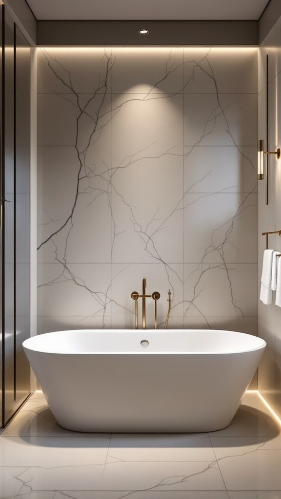 A luxurious freestanding tub in a modern wet room bathroom with elegant tiles and soft lighting.