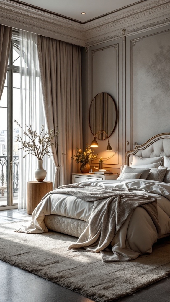 Luxurious bedroom with soft bedding, elegant curtains, and a calming atmosphere.