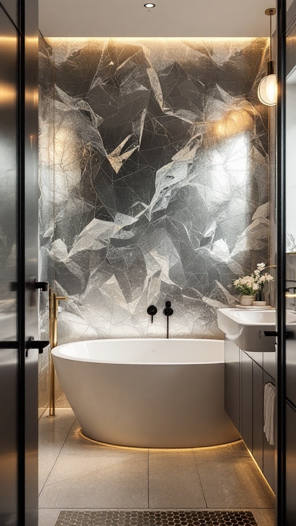 A modern bathroom featuring a metallic accent wall behind a freestanding bathtub, with stylish fixtures and warm lighting.