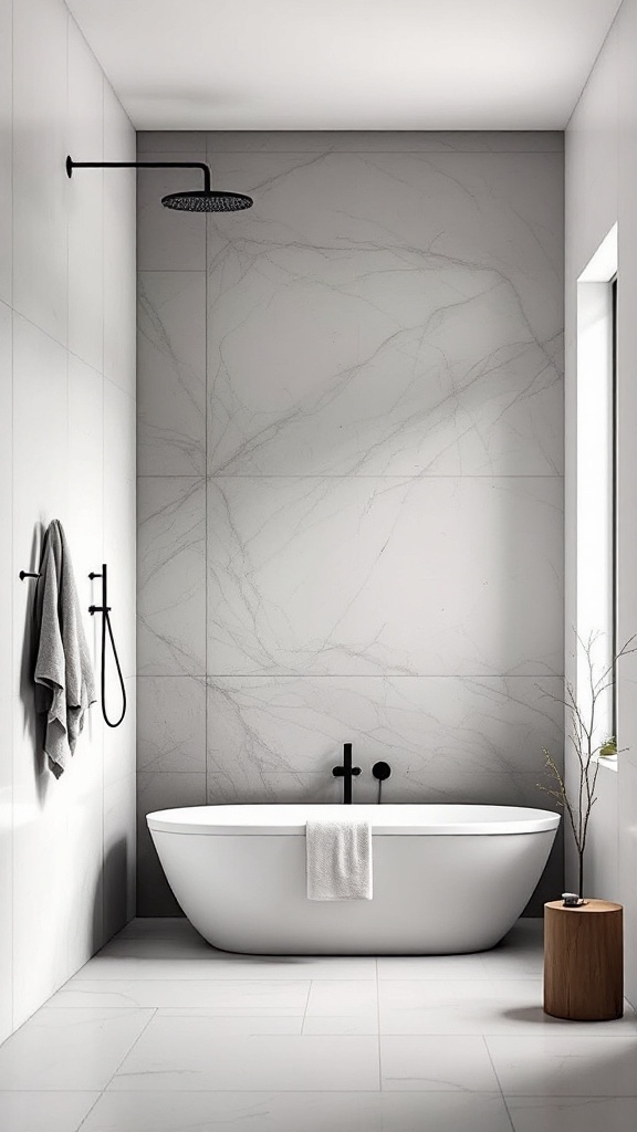 A minimalist wet room bathroom featuring a white tub, gray walls, and simple decor.