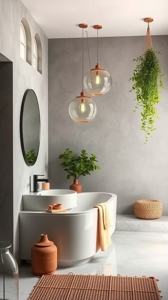 A modern bathroom featuring a matte finish, terracotta decor, a stylish bathtub, and hanging plants.
