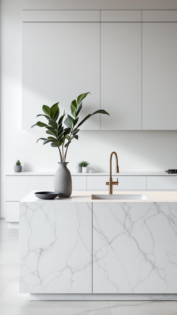 A modern kitchen island featuring a marble countertop, a sleek vase with greenery, and a minimalist design.