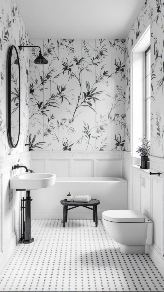 A minimalist monochrome bathroom featuring black and white floral wallpaper, a sink, a bathtub, and a toilet.