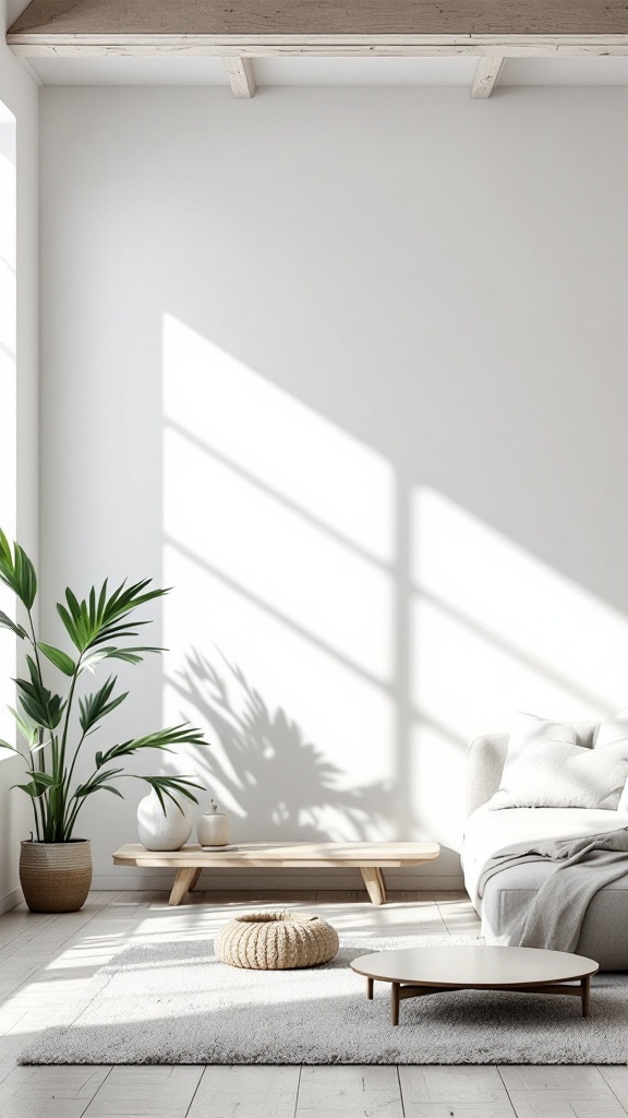 A modern room featuring minimalist white beams on the ceiling, bright walls, and stylish furniture.