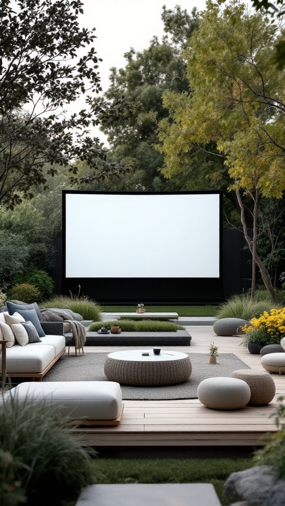 A serene minimalist backyard cinema setup with a large screen and comfortable seating.