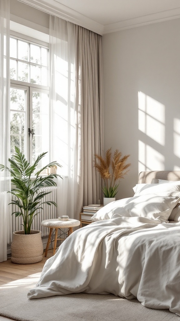 A serene minimalist bedroom with natural light, plants, and soft bedding.