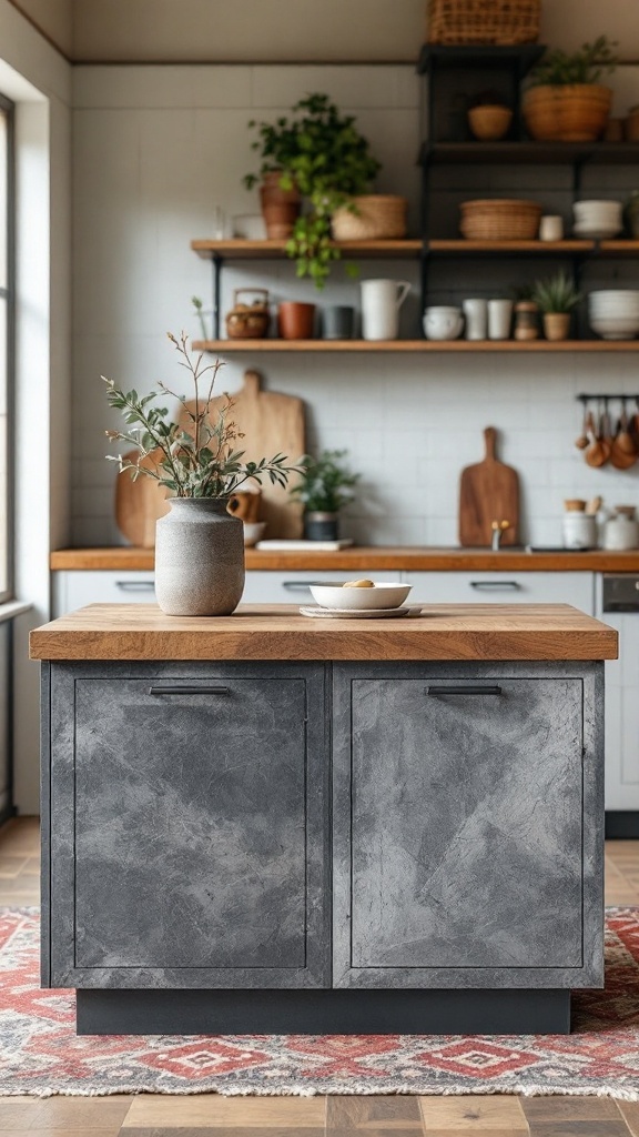 Stylish kitchen island featuring a wooden top and textured gray cabinets with decor elements.