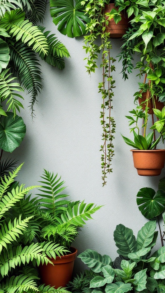 A diverse plant wall featuring ferns, hanging plants, and various greenery in pots.