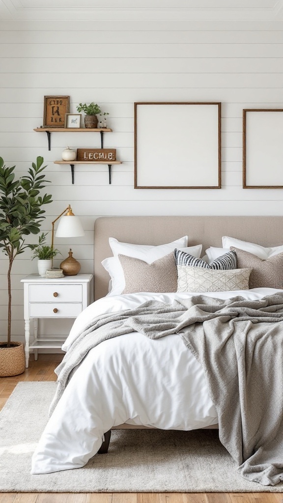 A cozy bedroom featuring a modern farmhouse design with soft textures, greenery, and simple decor.