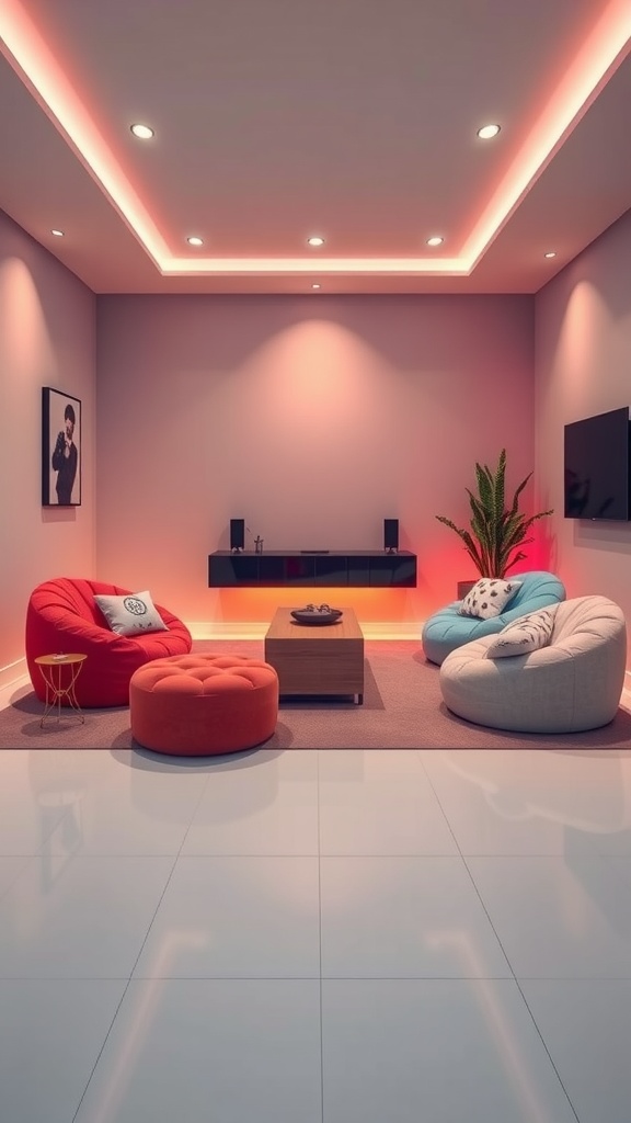 A modern minimalist gaming room featuring colorful bean bags, soft lighting, and a sleek design.