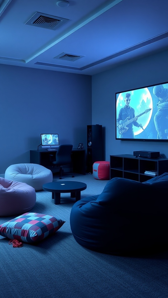 Cozy gaming room featuring modular furniture and bean bags.