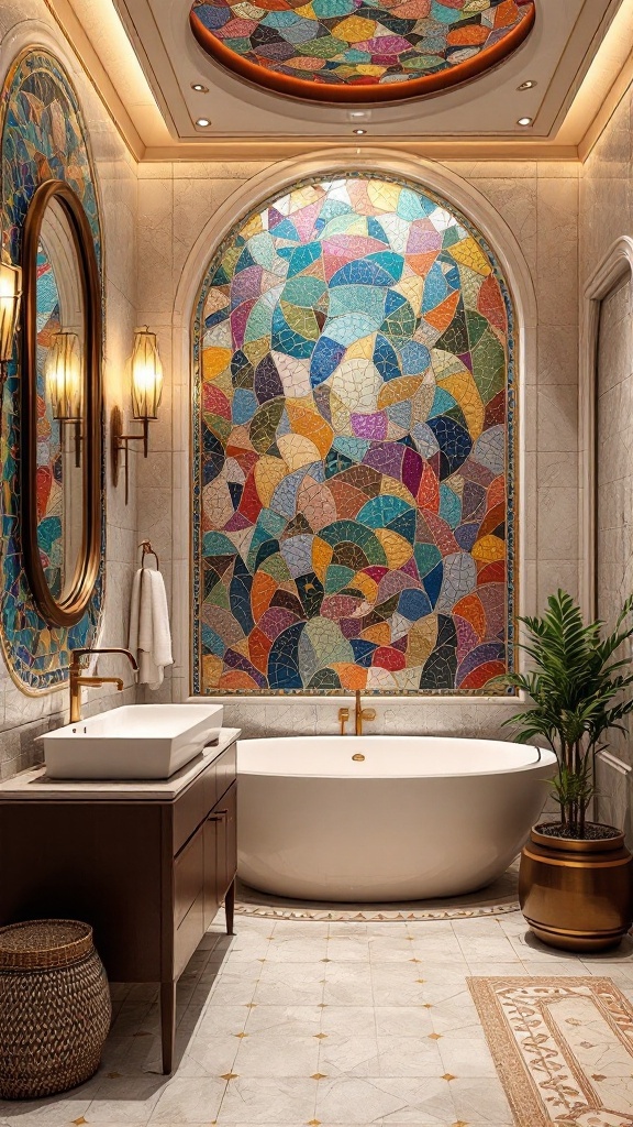 A beautifully designed bathroom featuring a colorful mosaic tile ceiling.