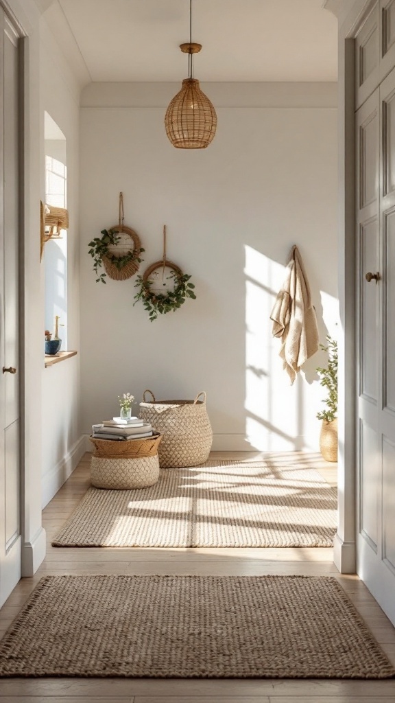 A light-filled hallway featuring natural fiber rugs and decorative baskets.