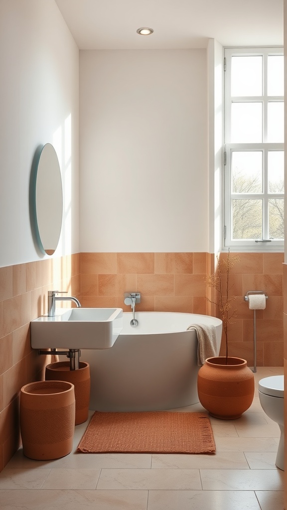 A bathroom featuring a matte white tub and terracotta accents with natural light streaming in.