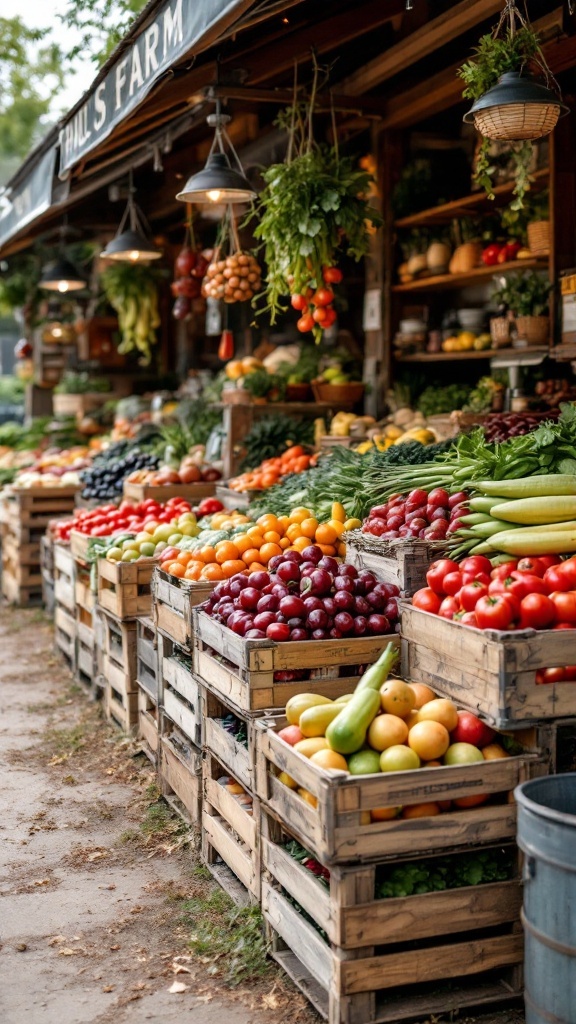 Colorful display of fruits and vegetables organized in natural wood crates at a farmstand.