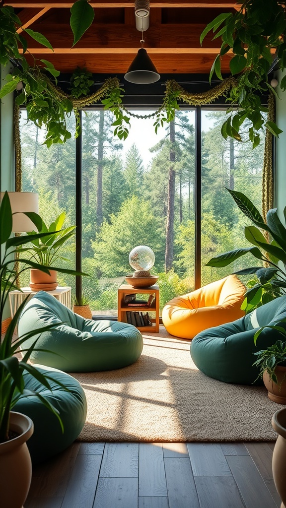 A cozy gaming room with bean bags and plants, featuring large windows overlooking nature.