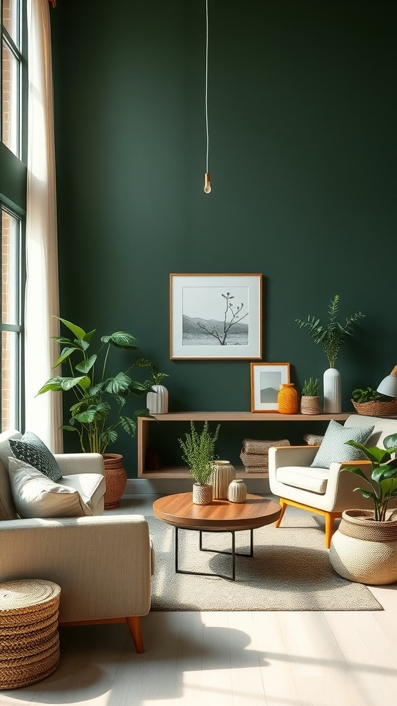 A cozy living room with dark green walls, lush plants, and natural decor.