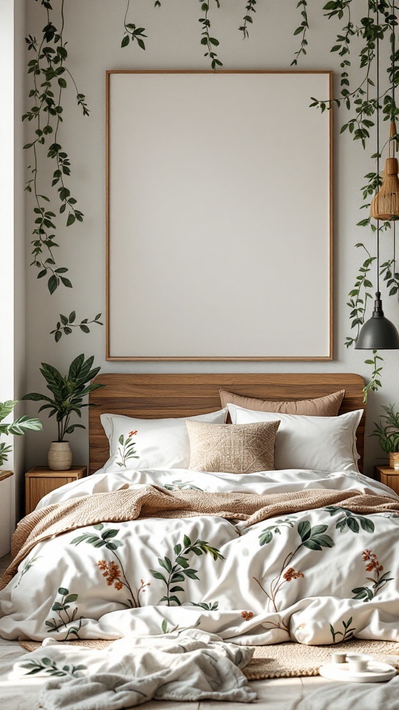 A cozy bedroom featuring plants, natural wood elements, and soft bedding with floral patterns.