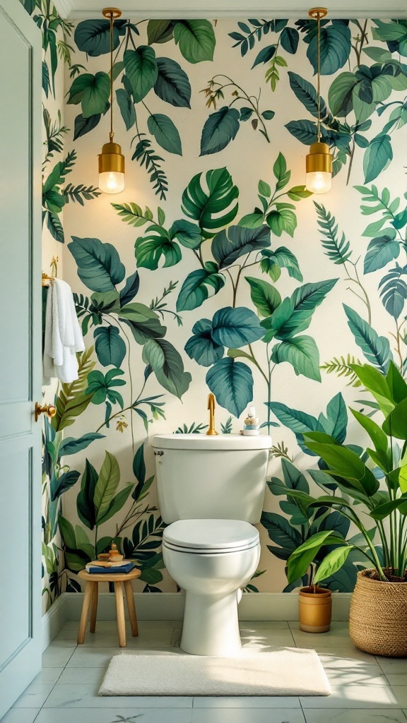 A bathroom featuring leafy wallpaper, a white toilet, and potted plants, highlighting a nature-inspired theme.